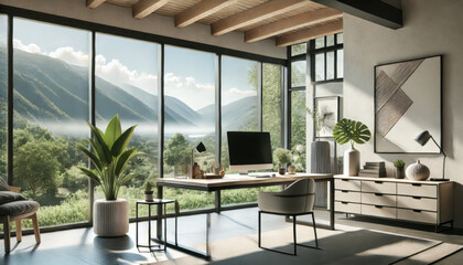 Fototapeta premium Spacious modern home office with large windows showcasing a scenic mountain view, featuring wooden furniture and natural decor.