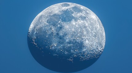 Detailed craters under Waxing Gibbous Moon in blue morning sky