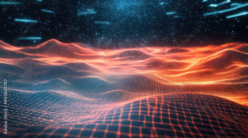 Poster 3d digital landscape with grid lines and open space for technology-related copy.