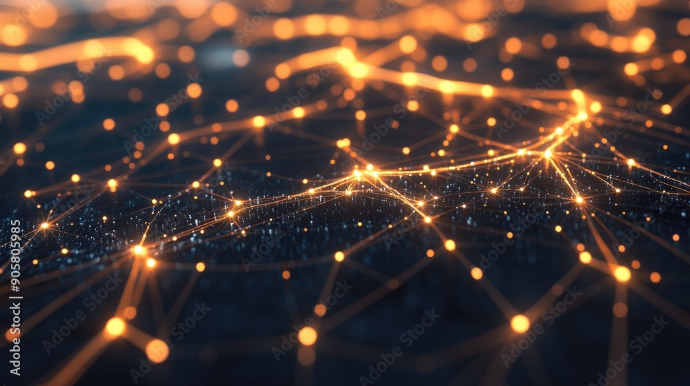 Poster abstract 3d digital network with glowing nodes and lines, featuring ample space for text. --ar 16:9