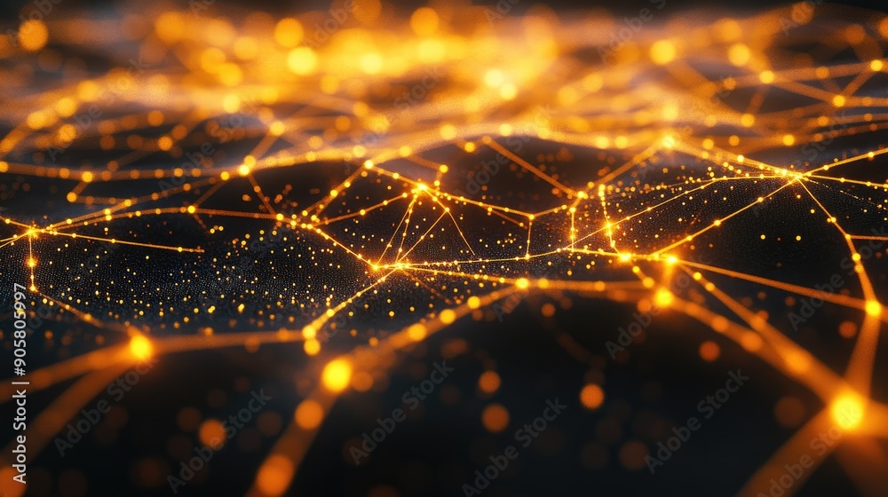 Poster abstract 3d digital network with glowing nodes and lines, featuring ample space for text. --ar 16:9
