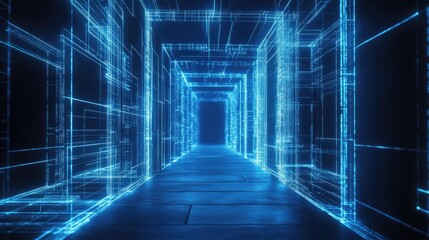 Fototapeta premium 3D glowing wireframe structure with blue lighting, featuring blank space for copy.