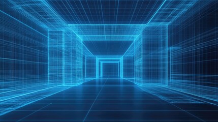 Fototapeta premium Abstract 3D wireframe structure with blue lighting, featuring blank space for text.