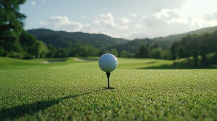 Close-up of a golf ball on a tee with a scenic view, featuring open space for text. -