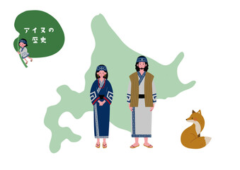北海道とアイヌ民族の男女のイラストセット