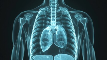 Detailed X-ray of the human ribcage, highlighting the lung and heart area