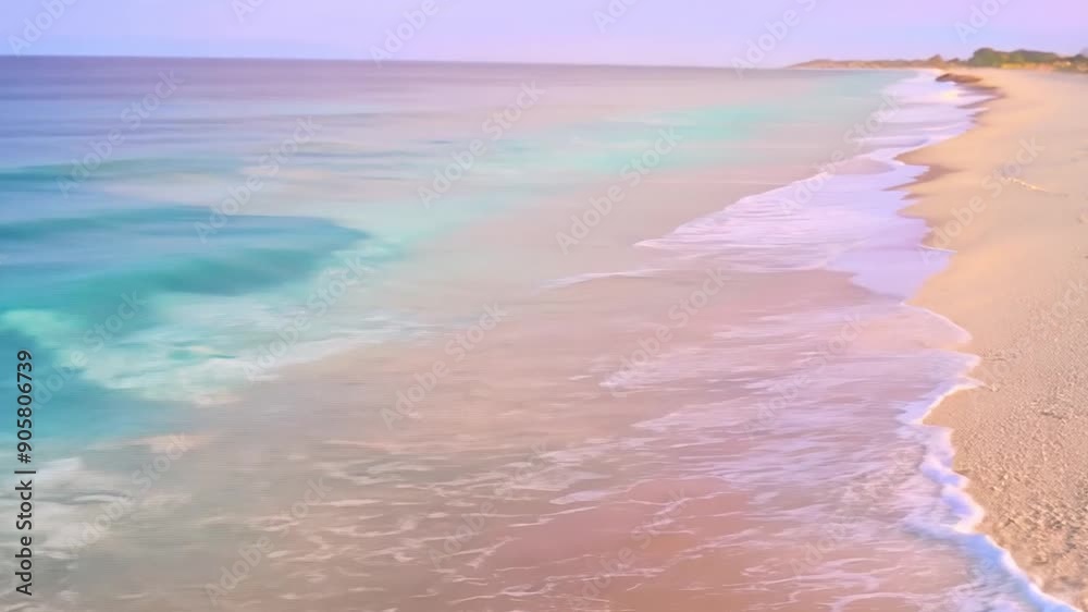 Poster Waves lap gently against a soft pink sand beach as the sun rises, creating a tranquil and beautiful coastal atmosphere.