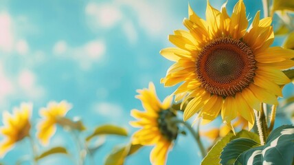 Naklejka premium Bright sunflowers against clear sky, capturing essence of summer