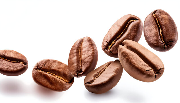 coffee beans floating isolated on white background