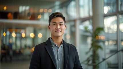 Obraz premium Confident Asian Businessman in Modern Office Building with Bright Natural Light