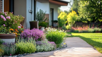 Front yard with decorative plants and flowers, providing copy space for advertising.