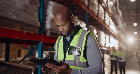 Logistics, black man and tablet in warehouse for order, checklist and inventory management. Male worker, digital technology and factory in shipping company for export, distribution and supply chain - Powered by Adobe