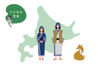 北海道とアイヌ民族の男女のイラストセット