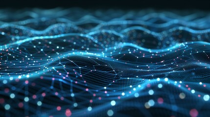 Technology background with connected dots on 3D wave landscape. Data science, particles, digital world, virtual reality, cyberspace, metaverse concept