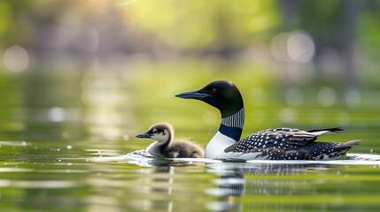 In a quiet corner of the lake, an adult duck tenderly cares for her young chick, and around them is a space that could be used for text