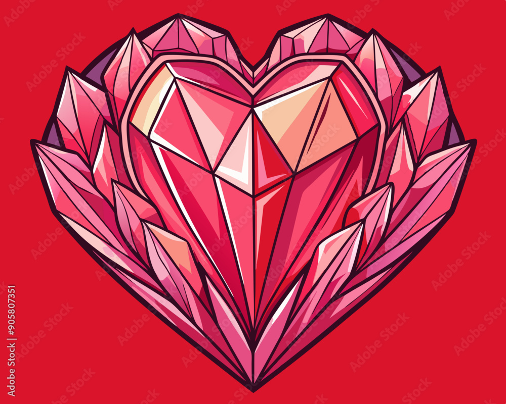 Wall mural cartoon vector illustration of heart shape crystal , valentine time, red romantic love isolated back