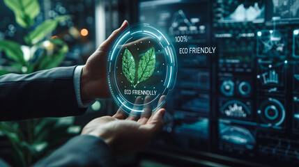 A hand holds a transparent holographic display featuring a green leaf, symbolizing sustainable technology and environmental preservation within a high-tech digital interface.