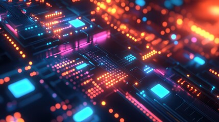 Glowing 3D geometric pattern with space for tech messages and ample copy space.