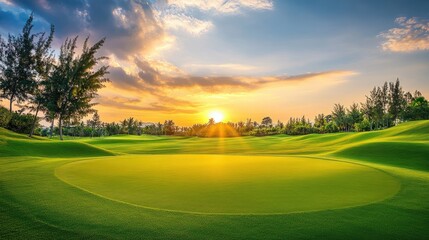 Naklejka premium Golf course with a beautiful sunset view, perfect for text and copy space