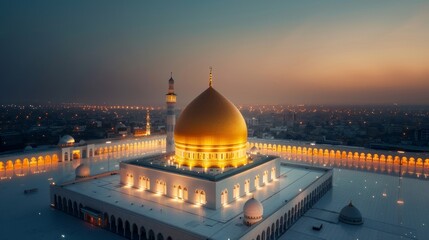 Fototapeta premium A luminous neon city highlighting a sacred mosque with detailed architecture, merging ancient beauty with modern brilliance