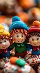 Naklejka premium Three smiling figurines on top of cupcakes. AI.