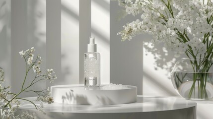 Elegant cosmetic product display with white flowers