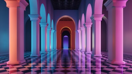 A mosque adorned with intricate patterns, surrounded by a neon-lit urban environment