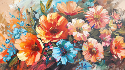 On the canvas illuminated by oil paints we see a lush bouquet of flowers in intense colors.