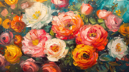 On the canvas illuminated by oil paints we see a lush bouquet of flowers in intense colors.