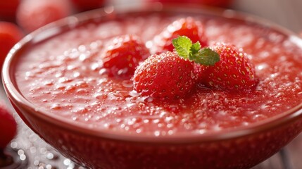 Fresh strawberries in a bowl of red sauce. AI.