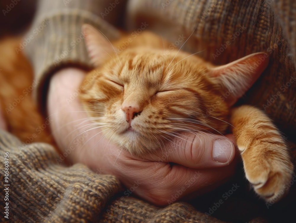 Wall mural A ginger cat sleeps peacefully in someone's arms. AI.