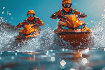 Fototapeta premium Two people on jet skis speeding through the water. AI.