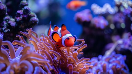 Clownfish Hiding in Anemone Coral, Vibrant Underwater Scene
