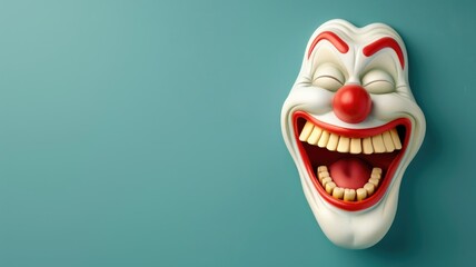 Laughing clown mask against teal background