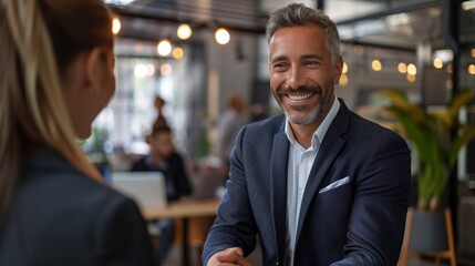 Fototapeta premium Smiling Businessman Greeting Colleague in a Modern Office Setting