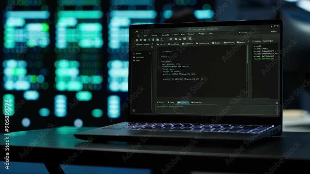 Poster close up of code running on laptop screen in data center used for managing gear energy consumption. 