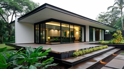Fototapeta premium Modern minimalist home with glass walls, open floor plan, and natural light streaming in, surrounded by lush greenery and a serene garden