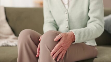 Hands, senior woman and knee pain in home with inflammation, arthritis risk and fibromyalgia. Sofa, elderly lady and leg massage for anatomy accident with osteoporosis, muscle injury and gout problem