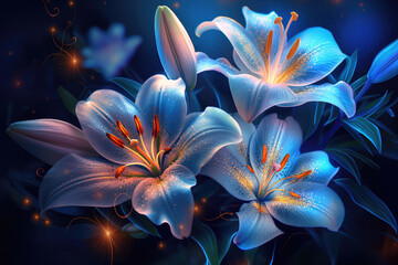 Fototapeta premium Glowing abstract lilies on dark background, realistic style. Generative ai