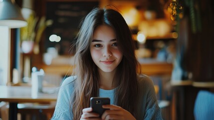 Smiling Woman Using Her Phone in Cafe