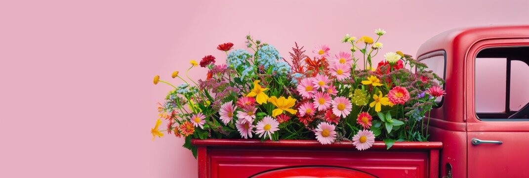 Colorful spring and summer flowers burst out from the back trunk of red pickup vehicle isolated on pink background with large copy space for text, chilled, happy  feminine lifestyle concept.