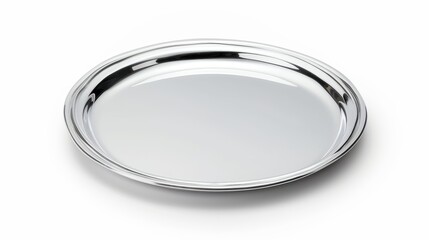 A polished silver serving tray, gleaming and elegant, isolated on a white background with ample space for copy text or branding, perfect for luxury advertisements