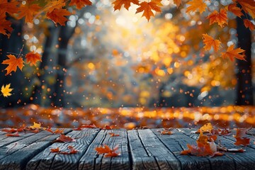 Autumn Ambiance: Wooden Table Adorned with Orange Leaves in Blurred Seasonal Setting