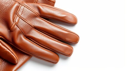 A stylish pair of leather gloves, detailed stitching and texture, isolated on a white background with ample copy text space, perfect for fashion ads