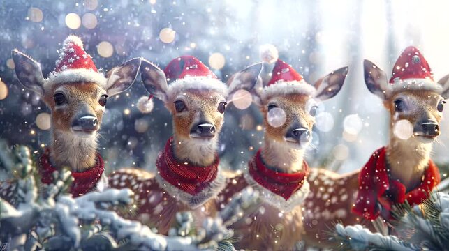 a festive wallpaper featuring cute deer dressed in Santa hats and scarves, christmas decoration tree. seamless looping time-lapse virtual 4k video animation background