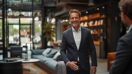 Fototapeta premium Smiling Businessman Greeting Colleague in a Modern Office Lobby