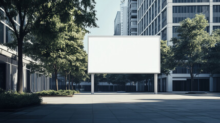 Fototapeta premium A blank billboard in a modern urban square with trees and buildings, perfect for mockup and advertising template.