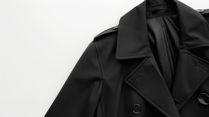 Stylish black trench coat with detailed buttons, set against a clean white backdrop, with generous space for advertising text or logos