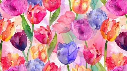 Watercolor Seamless Pattern with Colorful Tulips