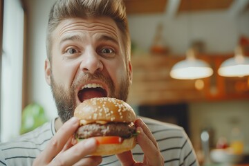 A close-up of a bearded man eagerly about to take a bite of a big, juicy burger in a cozy home setting